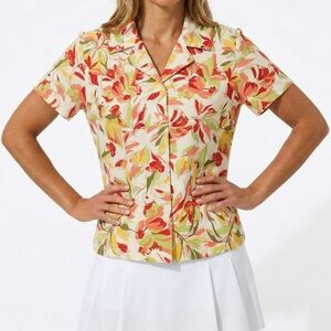 Liz Golf Vintage 100% Silk Tropical Floral Print Blouse Large Short Sleeve Top